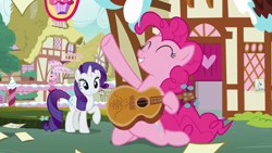 Size: 1280x720 | Tagged: safe, imported from derpibooru, screencap, pinkie pie, rarity, earth pony, pony, unicorn, honest apple, season 7, duo, eyes closed, female, guitar, horn, musical instrument, playing guitar, raised hoof, sitting, smiling