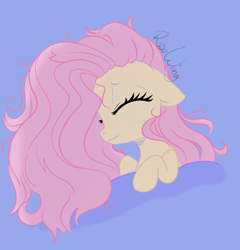 Size: 1363x1418 | Tagged: safe, artist:flutterbug18, imported from derpibooru, fluttershy, pegasus, pony, bed mane, blue background, cute, eyes closed, floppy ears, shyabetes, signature, simple background, sleeping, smiling, solo, tucked in
