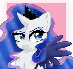 Size: 1760x1655 | Tagged: safe, artist:flutterbug18, imported from derpibooru, rarity, pony, unicorn, testing testing 1-2-3, bust, clothes, cosplay, costume, crown, eyeshadow, fake wings, female, horn, jewelry, lunarity, makeup, mare, passepartout, regalia, smiling, tabitha st. germain, voice actor joke