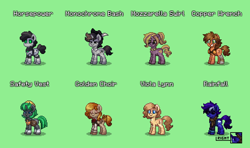 Size: 1140x675 | Tagged: safe, imported from derpibooru, oc, oc only, oc:copper wrench, oc:golden choir, oc:horsepower, oc:monochrome bash, oc:mozzarella swirl, oc:rainfall, oc:safety vest, oc:viola lynn, earth pony, pegasus, pony, robot, robot pony, unicorn, pony town, amputee, bowtie, clothes, coat markings, female, glasses, goggles, green background, hard hat, hat, horn, jewelry, male, mare, necklace, one winged pegasus, prosthetic leg, prosthetic limb, prosthetics, safety vest, scarf, simple background, socks (coat markings), stallion