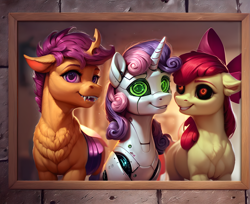 Size: 2512x2048 | Tagged: safe, imported from derpibooru, apple bloom, scootaloo, sweetie belle, changeling, hybrid, pony, robot, robot pony, undead, unicorn, fanfic:undead robot bug crusaders, ai content, ai generated, alternate universe, bust, changelingified, cutie mark crusaders, fanfic art, female, generator:pony diffusion v6 xl, generator:stable diffusion, horn, photo, portrait, prompter:star-dragon, scootaling, species swap, sweetie bot, trio