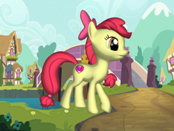 Size: 1200x900 | Tagged: artist needed, safe, imported from derpibooru, apple bloom, earth pony, pony, 3d, 3d pony creator, background, bow, female, future, hair bow, older, older apple bloom, png, ponyville, raised leg, smiling, solo, walking