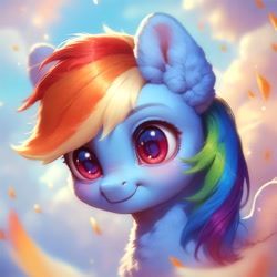 Size: 4096x4096 | Tagged: safe, imported from derpibooru, rainbow dash, pegasus, pony, ai assisted, ai content, ai generated, beautiful, blushing, cloud, cute, detailed, ear fluff, fluffy, generator:purplesmart.ai, generator:stable diffusion, happy, leaf, multicolored hair, pink eyes, prompter:saltyvity, rainbow hair, sky, smiling, solo