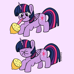 Size: 4000x4000 | Tagged: safe, artist:cloudmild, imported from derpibooru, twilight sparkle, alicorn, pony, 2 panel comic, cartoon physics, comic, cute, female, food, horn, lemon, lemon meme, licking, mare, meme, pink background, puckered face, scrunchy face, silly, silly pony, simple background, smiling, solo, sour, tongue out, twiabetes, twilight sparkle (alicorn), wings