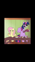 Size: 1080x1920 | Tagged: safe, artist:plum, imported from derpibooru, fluttershy, twilight sparkle, alicorn, bird, chicken, pegasus, pony, undead, animated, burger, chicken meat, chicken nugget, creepypasta, derp, duo, eating, eyes closed, food, gun, horror, meat, murder, open mouth, sound, table, text, twilight sparkle (alicorn), weapon, webm