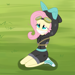 Size: 2000x2000 | Tagged: safe, artist:nie-martw-sie-o-mnie, imported from derpibooru, fluttershy, equestria girls, magic duel, arm behind back, bondage, cloth gag, clothes, converse, costume, dangerous mission outfit, flutterspy, gag, goggles, goggles on head, hoodie, kneeling, rope, rope bondage, shoes