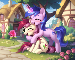 Size: 1280x1024 | Tagged: safe, imported from derpibooru, roseluck, sea swirl, seafoam, earth pony, pony, unicorn, ai content, ai generated, bipedal, bipedal leaning, blushing, cute, day, duo, duo female, eyes closed, female, flower, generator:pony diffusion v6 xl, generator:stable diffusion, glowing, glowing horn, horn, house, hug, hug from behind, leaning, looking at you, magic, one eye closed, open mouth, ponyville, prompter:foxpony, sitting, telekinesis, wink, winking at you