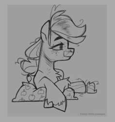 Size: 1024x1078 | Tagged: safe, artist:twistylittlepassages, imported from derpibooru, applejack, earth pony, pony, bed mane, chest fluff, gray background, grayscale, hatless, lidded eyes, missing accessory, monochrome, morning ponies, signature, simple background, smiling, solo, traditional art