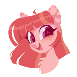 Size: 787x787 | Tagged: safe, artist:chl0w0, imported from derpibooru, oc, oc only, pony, bust, female, lineless, mare, open mouth, open smile, pink coat, portrait, red mane, simple background, smiling, solo, transparent background
