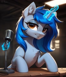 Size: 3429x4000 | Tagged: safe, imported from derpibooru, oc, oc:homage, pony, unicorn, fallout equestria, ai content, ai generated, fanfic art, generator:pony diffusion v6 xl, generator:stable diffusion, glowing, glowing horn, horn, looking at you, prompter:midnight dashie, smiling, solo