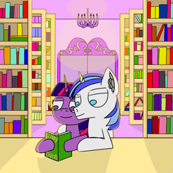 Size: 1500x1500 | Tagged: safe, artist:icycrymelon, imported from derpibooru, shining armor, twilight sparkle, pony, unicorn, book, bookshelf, brother and sister, chandelier, duo, duo male and female, female, horn, library, male, reading, sibling love, siblings, smiling