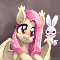 Size: 2048x2048 | Tagged: safe, artist:pfeffaroo, imported from derpibooru, angel bunny, fluttershy, bat pony, pony, rabbit, animal, bat ears, bat ponified, bat wings, duo, duo male and female, ear tufts, fangs, female, flutterbat, high res, looking at you, male, mare, race swap, smiling, smiling at you, wings