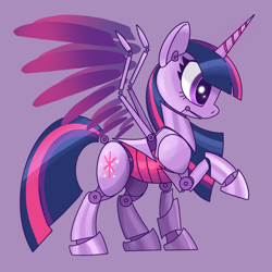 Size: 2048x2048 | Tagged: safe, artist:pfeffaroo, imported from derpibooru, twilight sparkle, alicorn, pony, robot, robot pony, female, gynoid, high res, horn, profile, raised hoof, roboticization, side view, solo, spread wings, tail, twibot, twilight sparkle (alicorn), wings