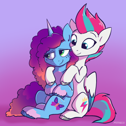 Size: 2048x2048 | Tagged: safe, artist:pfeffaroo, imported from derpibooru, zipp storm, pegasus, pony, unicorn, adorazipp, colored wings, cute, dawnstorm, duo, duo female, female, freckles, g5, gradient background, horn, hug, lesbian, mare, misty brightdawn, mistybetes, multicolored wings, rebirth misty, shipping, sitting, smiling, unshorn fetlocks, wings
