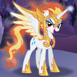 Size: 1024x1024 | Tagged: prompter needed, safe, imported from derpibooru, daybreaker, rarity, alicorn, pony, ai content, ai generated, alicornified, armor, armored pony, female, fiery mane, fiery tail, full body, generator:novelai, generator:stable diffusion, hoof shoes, lidded eyes, mare, open mouth, open smile, peytral, princess shoes, race swap, raricorn, smiling, solo, spread wings, wings