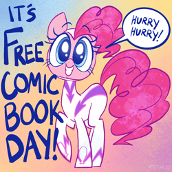 Size: 1280x1280 | Tagged: safe, artist:pfeffaroo, imported from derpibooru, fili-second, pinkie pie, earth pony, pony, caption, female, free comic book day, gradient background, grin, looking at you, mare, power ponies, raised hoof, smiling, smiling at you, solo, speech bubble, tail, text