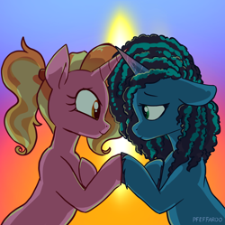 Size: 2060x2048 | Tagged: safe, artist:pfeffaroo, imported from derpibooru, luster dawn, pony, unicorn, duo, duo female, eye contact, female, g5, generational ponidox, high res, hoof on chest, hoofbump, horn, horns are touching, looking at each other, looking at someone, mare, misty brightdawn, smiling, unshorn fetlocks