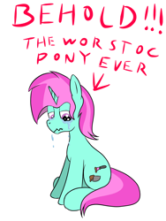 Size: 1200x1600 | Tagged: safe, artist:amateur-draw, imported from ponybooru, oc, oc only, oc:belle boue, pony, unicorn, bad oc, crappy art, crying, depressed, downvote bait, horn, not salmon, op is a cuck, op is a duck, op is trying to start shit, shit oc, solo, trash, wat, wirst oc pony, worst pony
