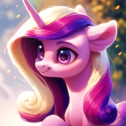 Size: 4096x4096 | Tagged: safe, imported from derpibooru, princess cadance, alicorn, pony, ai assisted, ai content, ai generated, beautiful, blushing, cute, detailed, detailed hair, ear fluff, fluffy, forest, generator:purplesmart.ai, generator:stable diffusion, happy, leaf, nature, prompter:saltyvity, purple eyes, smiling, solo, sparkles, tree