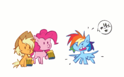 Size: 1730x1080 | Tagged: safe, artist:buvanybu, imported from derpibooru, applejack, pinkie pie, rainbow dash, earth pony, pegasus, pony, season 2, the super speedy cider squeezy 6000, angry, animated, applejack's hat, censored vulgarity, cider, cowboy hat, emanata, female, grawlixes, hat, mare, simple background, spinning, trio, trio female, white background