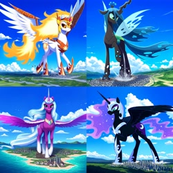 Size: 2880x2880 | Tagged: safe, imported from derpibooru, daybreaker, nightmare moon, opaline arcana, queen chrysalis, alicorn, changeling, changeling queen, ai content, ai generated, armor, city, cityscape, collage, crown, female, g5, generator:novelai, generator:stable diffusion, giantess, helmet, hoof shoes, jewelry, macro, mega giant, prompter:neutralfire, raised hoof, regalia, stomping