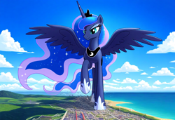 Size: 1216x832 | Tagged: safe, imported from derpibooru, princess luna, alicorn, ai content, ai generated, city, cityscape, generator:novelai, generator:stable diffusion, hoof shoes, macro, prompter:neutralfire, raised hoof, spread wings, stomp, stomping, wings