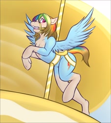 Size: 2597x2875 | Tagged: safe, artist:daf, imported from derpibooru, rainbow dash, human, pegasus, pony, bondage, bridle, carousel, high res, human to pony, inanimate tf, solo, spread wings, tack, transformation, wings