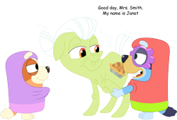 Size: 3581x2431 | Tagged: safe, artist:porygon2z, imported from derpibooru, granny smith, dog, earth pony, pony, australian cattle dog, bingo heeler, blanket, bluey, bluey heeler, crossover, dialogue, female, glasses, mare, open mouth, simple background, smiling, standing, transparent background, trio, trio female