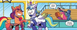 Size: 1334x527 | Tagged: safe, artist:natalie haines, idw, imported from derpibooru, sunny starscout, earth pony, pegasus, pony, spoiler:comic, spoiler:g5comic, dialogue, disguise, duo focus, emanata, eyes closed, female, flank the tank, g5, grin, helmet, mane stripe sunny, mare, my little pony: kenbucky roller derby, roller skates, skates, smiling, speech bubble, tina two bits, unnamed character, unnamed pony