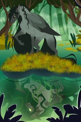Size: 2000x2989 | Tagged: safe, artist:inisealga, imported from derpibooru, oc, oc only, oc:neva fae, kelpie, pony, everfree forest, female, mare, reflection, solo, water