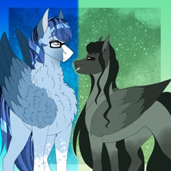 Size: 2048x2048 | Tagged: safe, artist:inisealga, imported from derpibooru, oc, oc only, oc:neva fae, oc:soaring spirit, kelpie, pony, chest fluff, coat markings, duo, duo male and female, facial markings, female, glasses, male, mare, markings, multicolored hair, multicolored mane, multicolored tail, neck fluff, oc x oc, shipping, socks (coat markings), stallion, tail, three toned wings