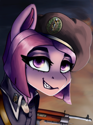 Size: 1553x2091 | Tagged: safe, artist:vladio, imported from derpibooru, oc, oc only, oc:breezy bloom, pony, equestria at war mod, beret, bust, dog tags, female, grin, gun, hat, mare, portrait, sharp teeth, smiling, solo, teeth, weapon