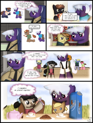 Size: 1750x2333 | Tagged: safe, artist:99999999000, imported from derpibooru, oc, oc only, oc:firearm king, oc:zhang cathy, pony, zebra, comic:affection, colt, comic, cookie, doll, female, filly, foal, food, male, tea, teapot, toy