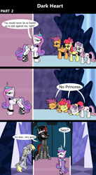 Size: 1920x3516 | Tagged: safe, artist:platinumdrop, imported from derpibooru, apple bloom, derpy hooves, king sombra, princess flurry heart, scootaloo, sweetie belle, alicorn, earth pony, pegasus, pony, unicorn, comic:dark heart, 3 panel comic, abuse, alternate timeline, applebuse, armor, avoiding eye contact, bound wings, bowing, chains, collar, comic, commission, crystal, crystal castle, crystal empire, cutie mark crusaders, dark crystal, derpybuse, dialogue, evil flurry heart, female, flurry heart is amused, flurrybra, folded wings, horn, husband and wife, indoors, looking at each other, looking at someone, looking away, looking down, male, mare, older, older apple bloom, older cmc, older derpy hooves, older flurry heart, older scootaloo, older sweetie belle, sad, scootabuse, shipping, slave, slave collar, smiling, smug, smug smile, speech bubble, spiked collar, spiked wristband, stallion, straight, sweetiebuse, throne, throne room, victorious villain, wall of tags, wing cuffs, wings, wristband