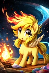 Size: 512x768 | Tagged: prompter needed, source needed, safe, imported from derpibooru, oc, oc only, oc:fire lemon, pegasus, pony, ai content, ai generated, fire, generator:perchance, night, night sky, sky, solo