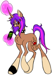 Size: 762x1099 | Tagged: safe, artist:expectationemesis, imported from derpibooru, oc, oc only, oc:circuit heart, pony, unicorn, big hooves, blaze (coat marking), chest fluff, choker, clothes, coat markings, collar, drink, energy drink, facial markings, glasses, gloves, hairclip, horn, long legs, looking sideways, magic, magic aura, monster energy, ponysona, red eyes, simple background, socks (coat markings), solo, spiked choker, spiked collar, tail, telekinesis, transparent background, two toned mane, two toned tail, unicorn oc