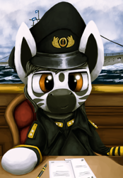 Size: 1440x2064 | Tagged: safe, artist:ryanmandraws, imported from derpibooru, oc, oc only, oc:yüce ranomasina, zebra, equestria at war mod, bust, cap, chair, clothes, hat, military uniform, ocean, paper, pen, portrait, ship, solo, table, uniform, water