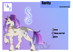 Size: 1920x1358 | Tagged: safe, artist:oneiria-fylakas, imported from derpibooru, rarity, pony, alternate design, cloven hooves, curved horn, gradient background, horn, reference sheet, solo