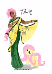 Size: 2893x4092 | Tagged: safe, artist:zsnowfilez, imported from derpibooru, fluttershy, human, pegasus, pony, alternate hairstyle, clothes, dark skin, dress, female, human ponidox, humanized, indian, mare, moderate dark skin, sari, self paradox, self ponidox, simple background, white background