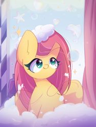 Size: 1950x2600 | Tagged: safe, artist:miryelis, imported from derpibooru, fluttershy, pegasus, pony, bath, bubble, cute, female, foam, long hair, mare, shyabetes, sitting, smiling, solo, sparkles