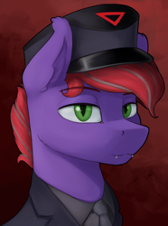 Size: 1560x2100 | Tagged: safe, artist:kelkessel, imported from derpibooru, oc, oc only, oc:marius hurricane, pony, equestria at war mod, bust, cap, clothes, fangs, hat, necktie, portrait, solo