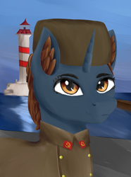 Size: 1248x1680 | Tagged: safe, artist:aquamuro, imported from derpibooru, oc, oc only, oc:winter turnip, pony, unicorn, equestria at war mod, bust, clothes, ear fluff, hat, horn, lighthouse, ocean, portrait, solo, water