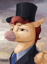Size: 1560x2100 | Tagged: safe, artist:kelkessel, imported from derpibooru, oc, oc only, oc:golden shore, hippogriff, equestria at war mod, bust, clothes, hat, hippogriff oc, necktie, portrait, solo, top hat
