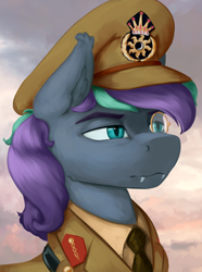 Size: 1560x2100 | Tagged: safe, artist:kelkessel, imported from derpibooru, oc, oc only, oc:grand wingsword, pony, equestria at war mod, bust, cap, clothes, fangs, hat, military uniform, necktie, portrait, solo, sun, uniform