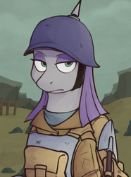 Size: 520x700 | Tagged: safe, artist:bunnyshrubby, imported from derpibooru, maud pie, equestria at war mod, bag, bust, clothes, pickelhaube, portrait, shovel, solo