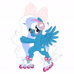 Size: 6890x6890 | Tagged: safe, artist:riofluttershy, imported from derpibooru, oc, oc only, oc:fleurbelle, alicorn, pony, alicorn oc, base used, bow, female, hair bow, headphones, horn, mare, simple background, skates, smiling, solo, white background, wings, yellow eyes