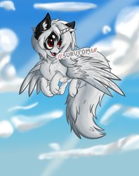 Size: 4904x6200 | Tagged: safe, artist:surufomi, imported from derpibooru, alicorn, fluffy pony, fox, hybrid, alicorn horn, black, black ears, blue sky, chest fluff, cloud, colored, cute, ear fluff, facial markings, fangs, flapping, fluffy, fluffy tail, flying, happy, krita, large wings, leg fluff, long mane, male, red eyes, shiro, simple background, smiling, stallion, surufomi, tail, white, wing fluff, wings
