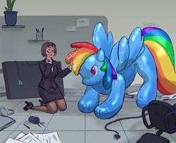 Size: 2132x1729 | Tagged: safe, artist:kamchik, imported from derpibooru, rainbow dash, human, inflatable pony, pegasus, comic, duo, female, human to pony, inanimate tf, inflatable, kneeling, office, transformation