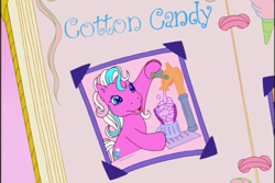Size: 720x480 | Tagged: safe, imported from derpibooru, screencap, cotton candy (g3), earth pony, pony, a charming birthday, birthday book, faucet, female, g3, mare, open mouth, open smile, picture, ponyville surprise birthday book, scrapbook, smiling, soda, soda jerk, solo, table, text