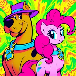 Size: 1024x1024 | Tagged: safe, imported from derpibooru, pinkie pie, dog, earth pony, great dane, pony, ai content, ai generated, collar, crossover, dog collar, female, generator:dall-e 3, hanna barbera, hat, male, mare, prompter:alexjungleplayboy, scooby-doo, scooby-doo!